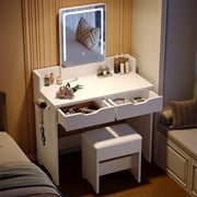 Bestier White Vanity Desks Set with Mirror and Lights ,Makeup Table with Comfortable Bench,Big Vanity with 2 Storage Compartments,31.5in