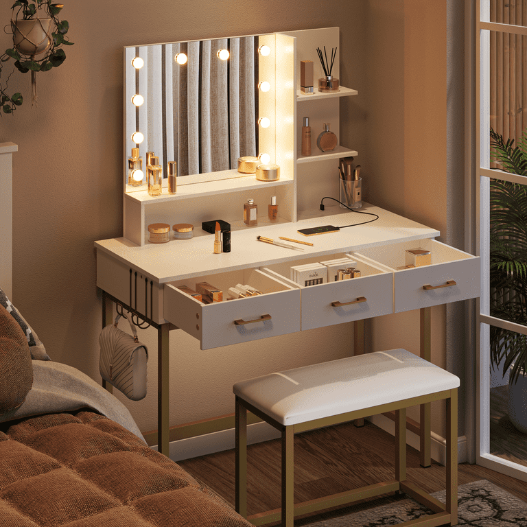 Vanity Set with Lighted Mirror and Cushioned Stool, Storage Shelves and 2  Drawers - Bed Bath & Beyond - 31673670