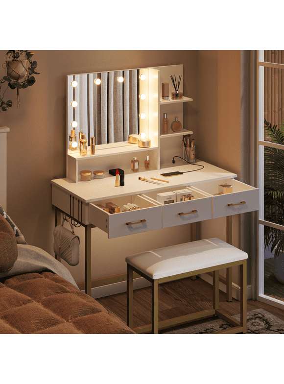 Bestier Vanity Set with Lighted Mirror & Power Outlet, Makeup Table with Drawers & Cushioned Stool for Bedroom in White