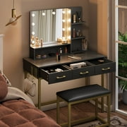 Bestier Vanity Set with Lighted Mirror & Power Outlet, Makeup Table with Drawers & Cushioned Stool for Bedroom in White