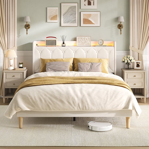 Bestier Velvet Upholstered Queen Bed Frame with Diamond-Tufted Headboard, Headboard Shelf and Warm LED Light, No Box Spring Needed, Beige