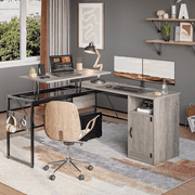 Bestier Versatile 60 Inch L-Shaped Standing Desk, Lift Top Corner Desk Extending to 95 Inches with Storage Cabinet and Hooks for Home Office, Washed Gray