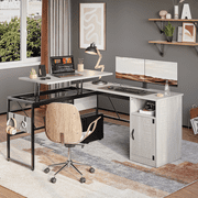 Bestier Versatile 60 Inch L-Shaped Standing Desk, Lift Top Corner Desk Extending to 95 Inches with Storage Cabinet and Hooks for Home Office, Washed White