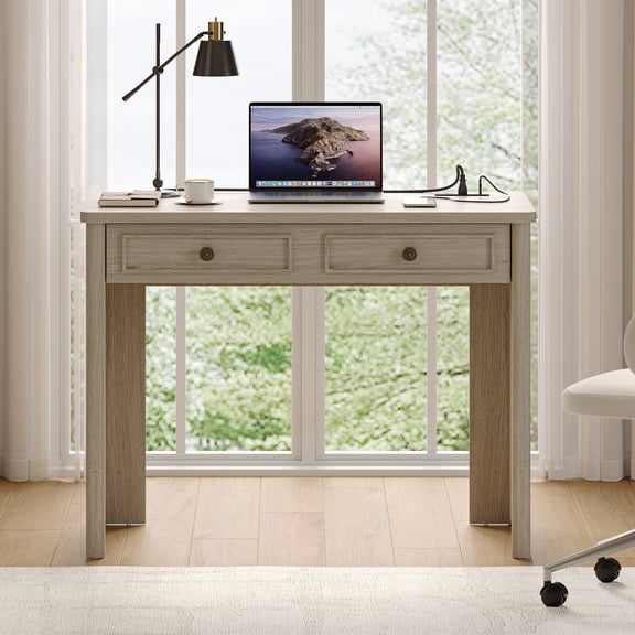 Bestier Computer Desk with Storage Drawer & Power Outlets, Home Office Writing PC Desk for Small Space, 39" Modern Study Table for Bedroom, Dorm, Light Oak