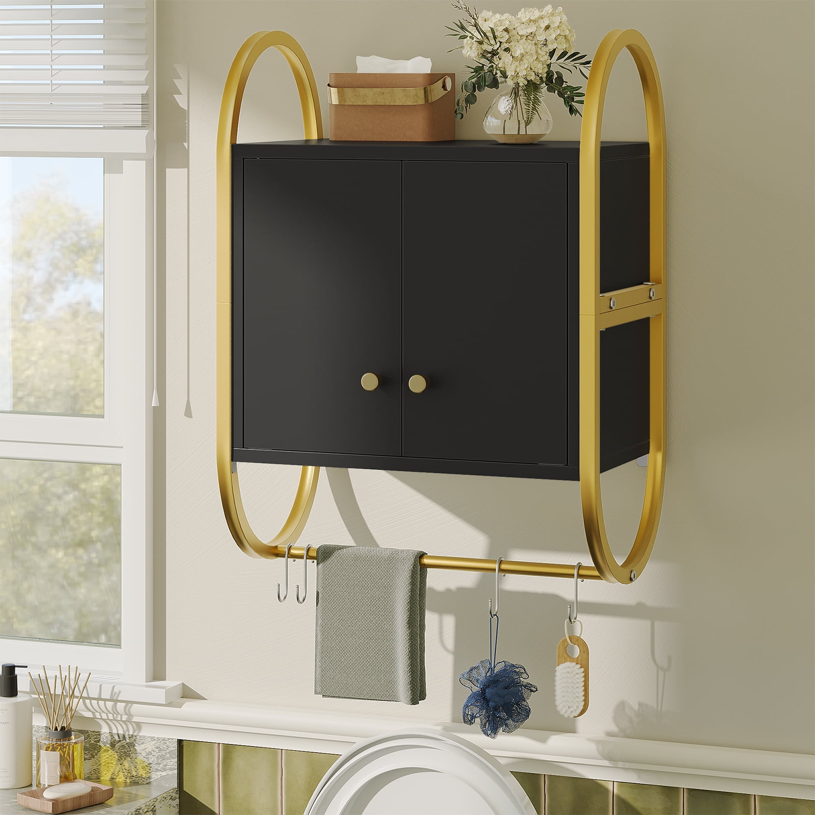 Bestier Wall-Mounted Bathroom Cabinet with Towel Bar & 4 Hooks, Over ...
