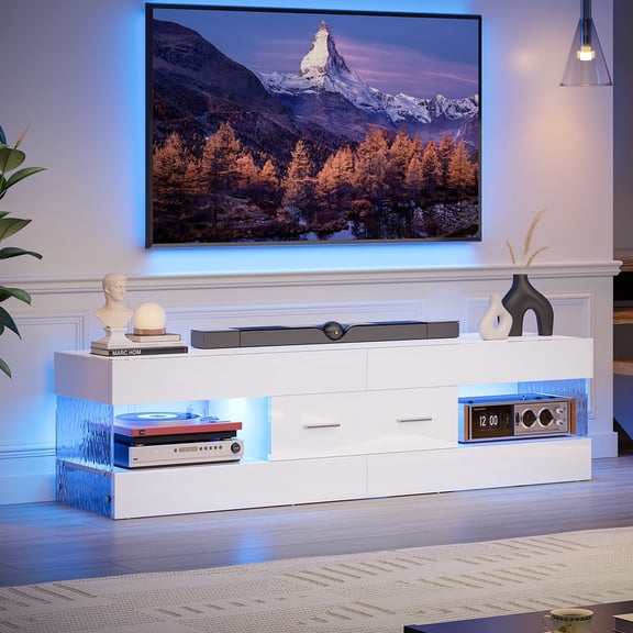 Bestier White TV Stand for TVs up to 65", Modern Entertainment Center for TVs with LED Light, High Gloss TV Console Table with Storage Drawers