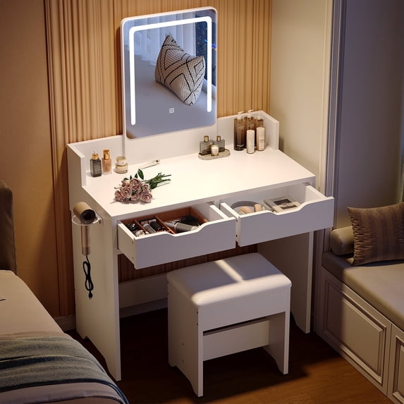 Bestier, White Vanity Desk with Mirror and Lights, 31.5 inch - Walmart.com