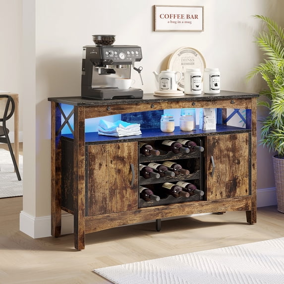 Bestier Wine Bar Cabinet with LED Lights, Kitchen Buffet Sideboard with Storage, for Living Room, 50Inch, Rack Rustic