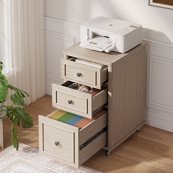 Bestier Rolling File Cabinet with 3 Drawers & Lockable Wheels,Vertical Wood Mobile File Cabinet Filing Cabinet Storage Organizer for Home Office,Light Oak