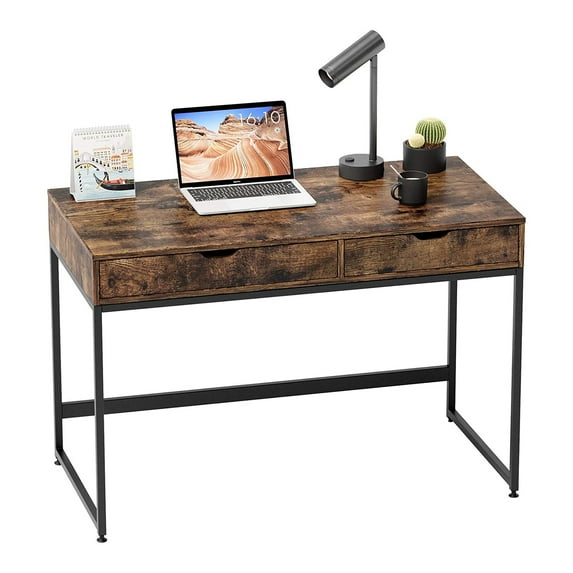 Bestier Writing Computer Desk Workstation with 2 Drawers, Rustic Brown