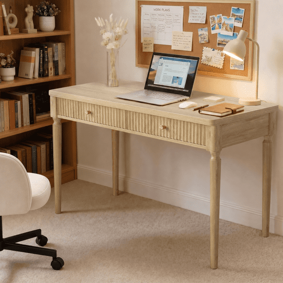 Bestier Computer Desk with Fluted Drawers, 47" Wooden Writing Desk with Solid Wood Leg, Small Office Desk with Storage for Bedroom Study Room Home Office, Natural Oak