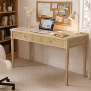 Bestier Computer Desk with Fluted Drawers, 55" Wooden Writing Desk with Solid Wood Leg, Small Office Desk with Storage for Bedroom Study Room Home Office, Natural Oak
