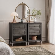 Bestier Farmhouse Nightstand Set of 2 with 2 Drawers, Wood Bedside Table Sofa Side End Table Night Stand with Charging Station for Living Room, Bedroom, Home Office, Gray