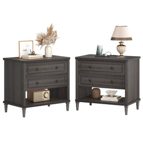 Bestier Farmhouse Nightstand Set of 2 with 2 Drawers, Open Shelf Night Stand with Charging Station, Wood Bedside Table Sofa Side End Table for Bedroom, Living Room, Gray