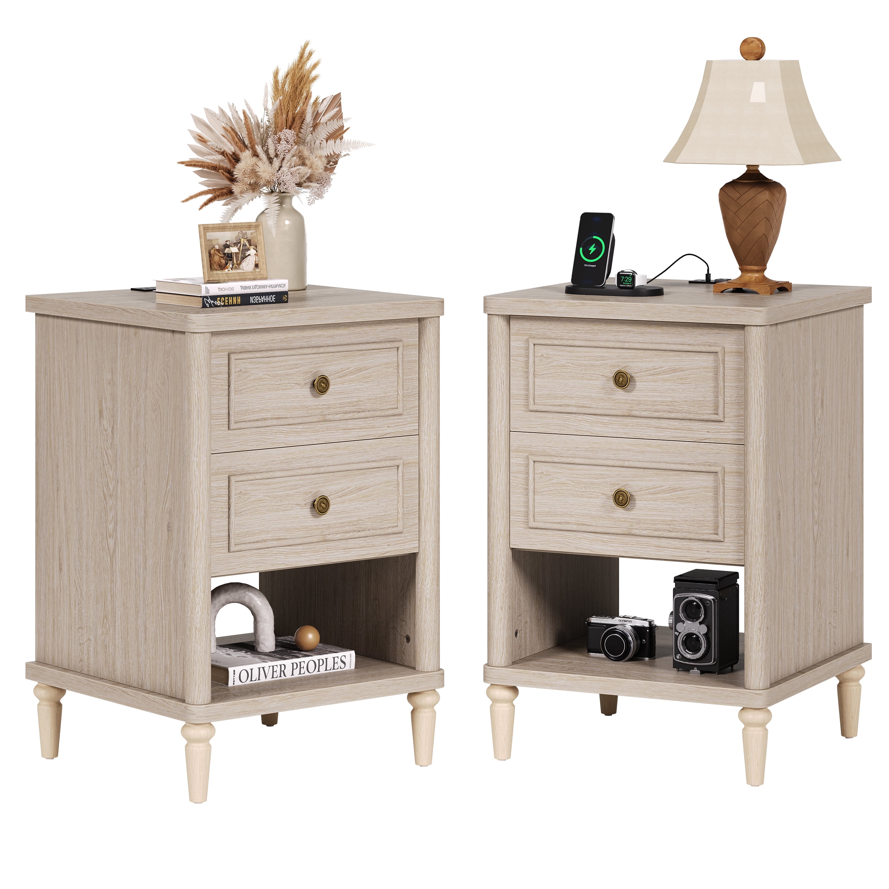 Bestier Farmhouse Nightstand with Charging Station, Set of 2 Wood Bedside Table with 2 Drawers , Sofa Side End Table Night Stand for Living Room, Bedroom, Home Office, Light Oak