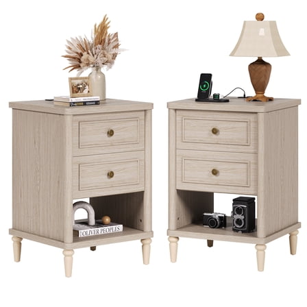 Bestier Farmhouse Nightstand with Charging Station, Set of 2 Wood Bedside Table with 2 Drawers , Sofa Side End Table Night Stand for Living Room, Bedroom, Home Office,  Light Oak