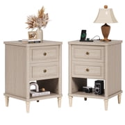 Bestier Farmhouse Nightstand with Charging Station, Set of 2 Wood Bedside Table with 2 Drawers , Sofa Side End Table Night Stand for Living Room, Bedroom, Home Office, Light Oak