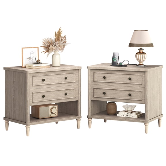 Bestier Farmhouse Nightstand Set of 2 with 2 Drawers, Open Shelf Night Stand with Charging Station, Wood Bedside Table Sofa Side End Table for Bedroom, Living Room, Oak