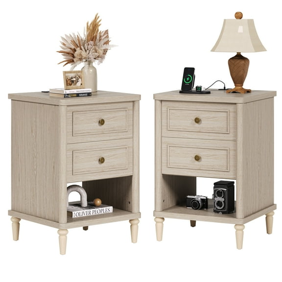 Bestier Farmhouse Nightstand with Charging Station, Set of 2 Wood Bedside Table with 2 Drawers , Sofa Side End Table Night Stand for Living Room, Bedroom, Home Office,  Light Oak