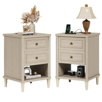 Bestier Farmhouse Nightstand with Charging Station, Set of 2 Wood Bedside Table with 2 Drawers , Sofa Side End Table Night Stand for Living Room, Bedroom, Home Office, Light Oak