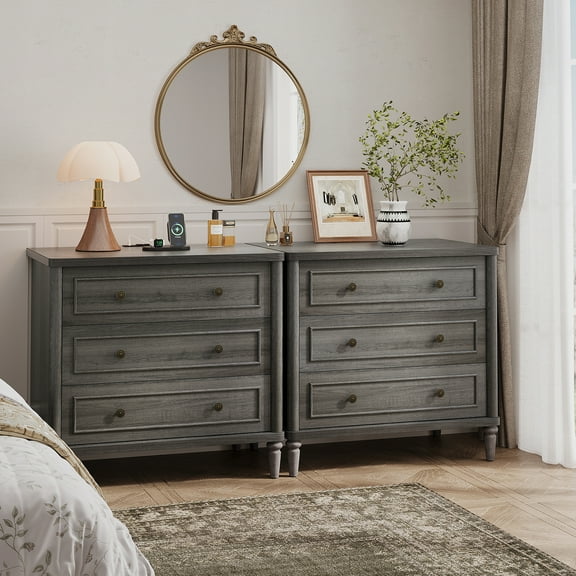 Bestier Farmhouse Nightstand Set of 2 with 3 Drawers, Wood Bedside Table Night Stand with Charging Station, Sofa Side End Table for Bedroom, Living Room, Gray