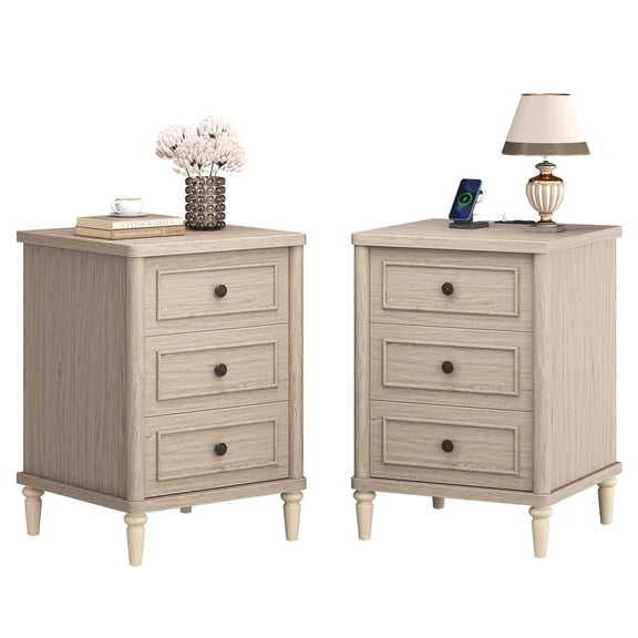 Bestier Oak Nightstands Set of 2 with 3 Drawers, Sofa Side End Table for Living Room, Farmhouse Wooden Bedside Table for Bedroom