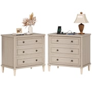 Bestier Farmhouse Nightstand Set of 2 with 3 Drawers, Wood Bedside Table Night Stand with Charging Station, Sofa Side End Table for Bedroom, Living Room, Oak