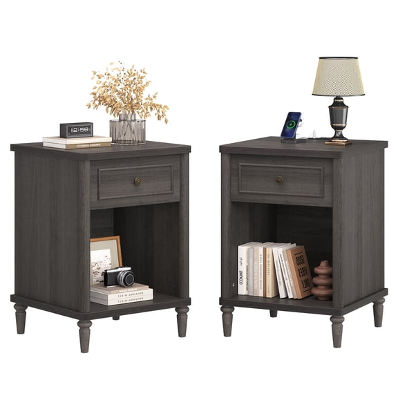 Bestier Farmhouse Nightstands Set of 2 with Charging Station, Wood Sofa Side End Table Bedside Table with Storage Drawer & Open Shelf for Living Room, Bedroom, Gray