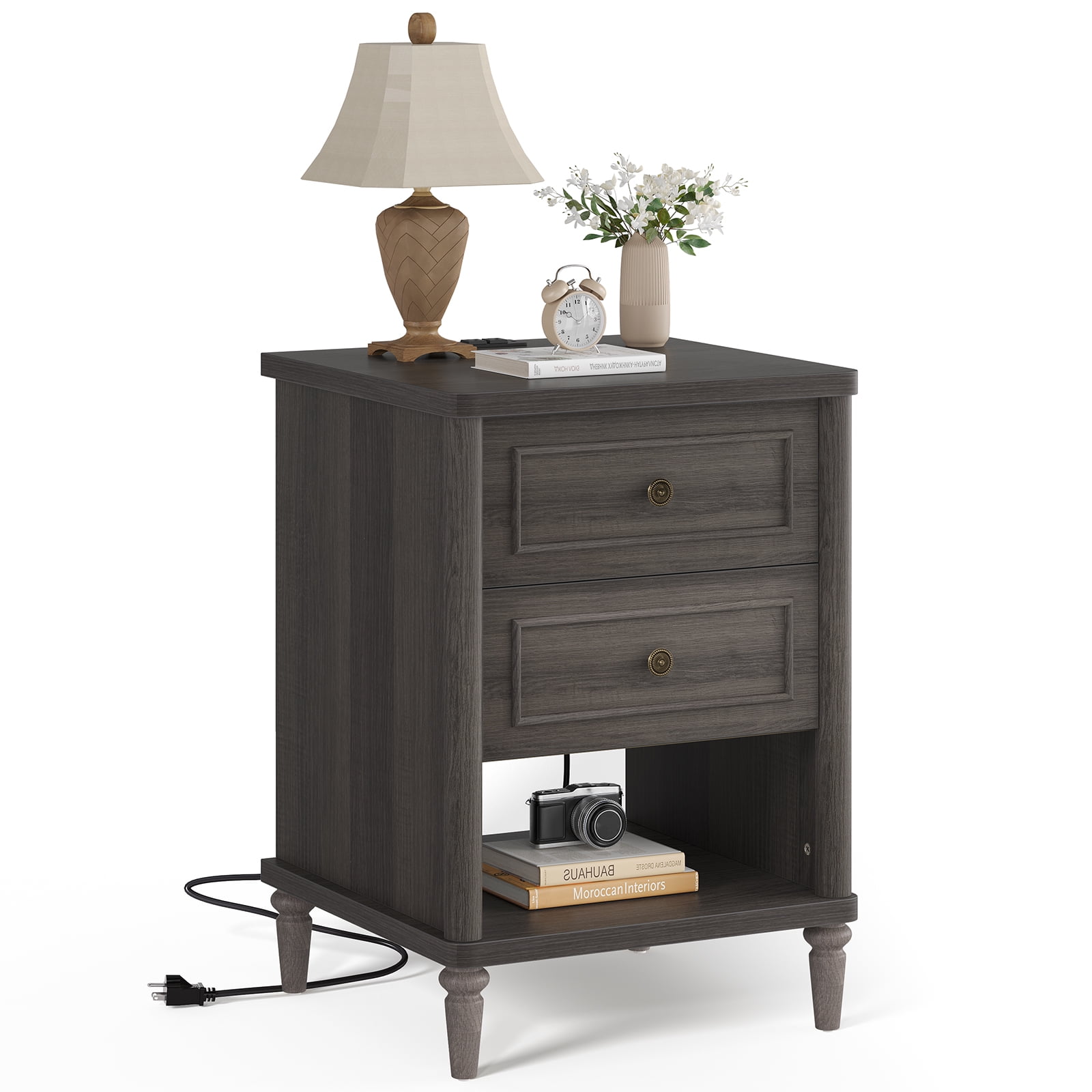 Bestier Farmhouse Nightstand with 2 Drawers, Wood Bedside Table with Charging Station, Sofa Side End Table Night Stand for Living Room, Bedroom, Home Office, Gray