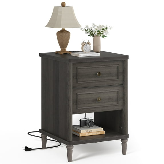 Bestier Farmhouse Nightstand with 2 Drawers, Wood Bedside Table with Charging Station, Sofa Side End Table Night Stand for Living Room, Bedroom, Home Office, Gray
