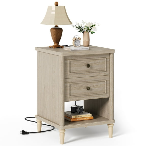 Bestier Farmhouse Nightstand with 2 Drawers, Wood Bedside Table with Charging Station, Sofa Side End Table Night Stand for Living Room, Bedroom, Home Office, Light Oak