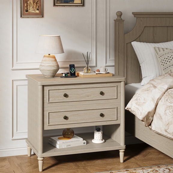 Bestier Farmhouse Nightstand with 2 Drawers, Open Shelf Night Stand with Charging Station, Wood Bedside Table Sofa Side End Table for Bedroom, Living Room, Oak