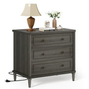 Bestier Farmhouse Nightstand with 3 Drawers, Wood Bedside Table Night Stand with Charging Station, Sofa Side End Table f