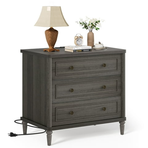 Bestier Farmhouse Nightstand with 3 Drawers, Wood Bedside Table Night Stand with Charging Station, Sofa Side End Table for Bedroom, Living Room, Gray