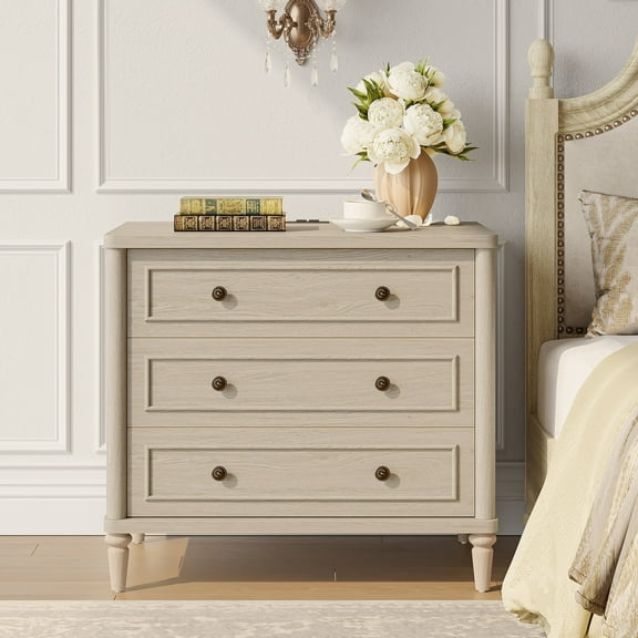 Bestier Farmhouse Nightstand  with 3 Drawers, Wood Bedside Table Night Stand with Charging Station, Sofa Side End Table for Bedroom, Living Room, Oak