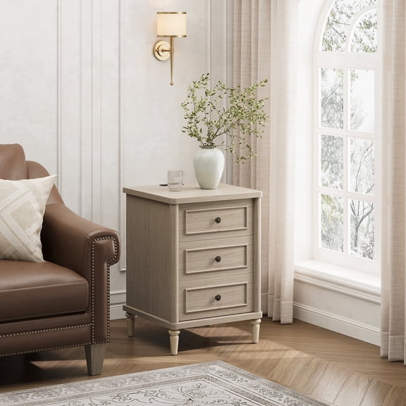 Bestier Oak Nightstand with 3 Drawers, Sofa Side End Table for Living Room, Farmhouse Wooden Bedside Table for Bedroom