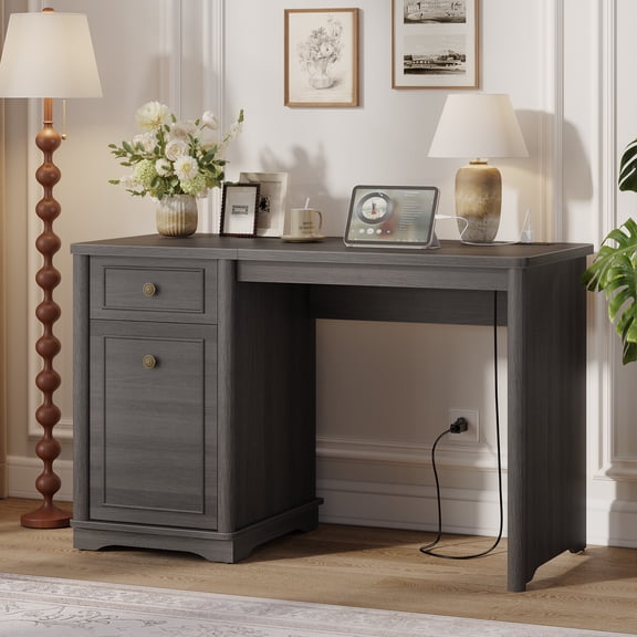 Bestier 47" Computer Desk with Drawer & Storage Cabinet, Farmhouse Home Office Desk with Power Outlets, PC Study Writing Table for Small Spaces, Gray