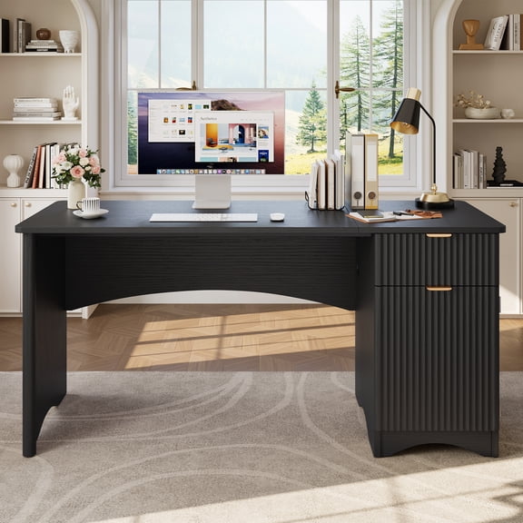 Bestier 55" Computer Desk with Drawer, Modern Home Office Desk with Storage Cabinet, Fluted PC Study Writing Desk for Small Spaces, Black