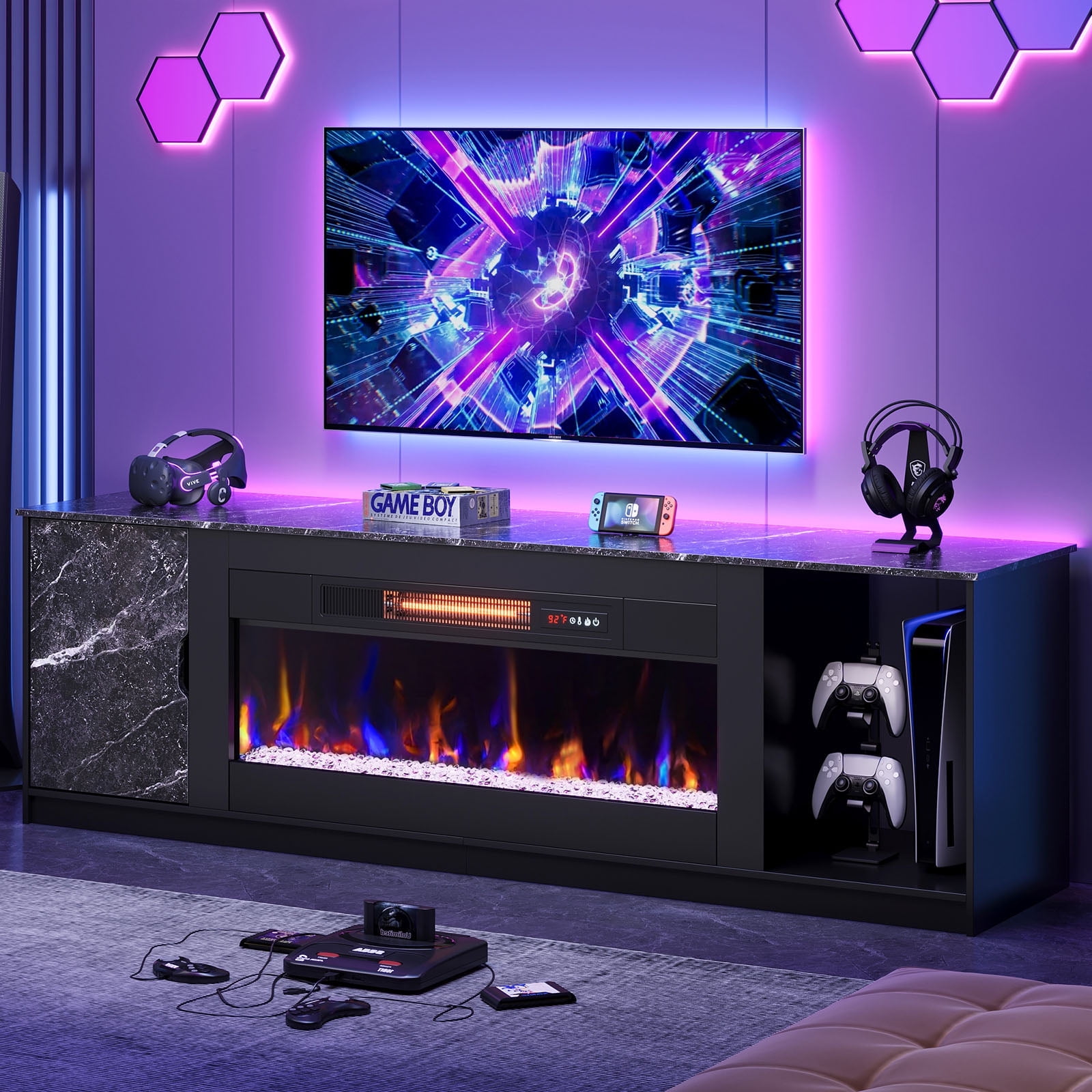 Bestier 70 Inch Fluted TV Stand With LED Lights – Modern Entertainment Center For TVs Up To 80 Inches, Black With Gold Accents - View #2