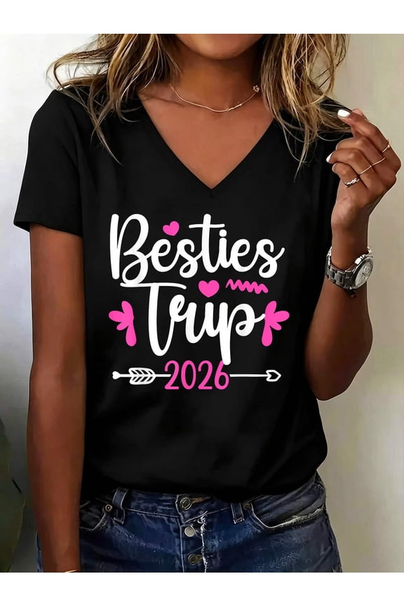Besties Trip 2026 Vacation Travel Best Friend Night Out V Neck T-Shirt Cotton Women's V Neck Graphic Tee, Casual Short Sleeve Shirt,Vacation Outfit