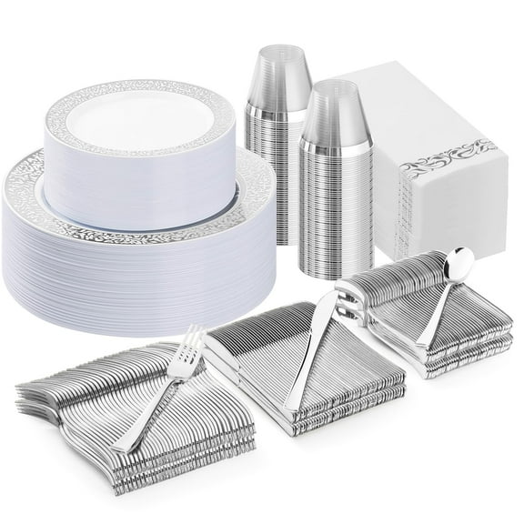 Bestluck 350PCS Silver Plastic Dinnerware Set for 50 Guests, Disposable Plates for Party, Wedding, Include 50 Dinner Plates, 50 Dessert Plates, 50 Set Silver Silverware, 50 Cups, 50 Napkins Y101