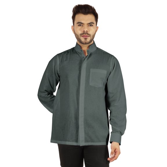 Bestman Solid Long Sleeve Shirt For Mens Front Double Button Placket Chinese Collar Shirt