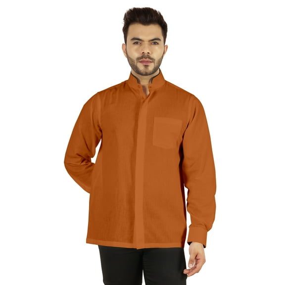 Bestman Solid Long Sleeve Shirt For Mens Front Double Button Placket Chinese Collar Shirt