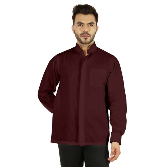 Bestman Solid Long Sleeve Shirt For Mens Front Double Button Placket Chinese Collar Shirt