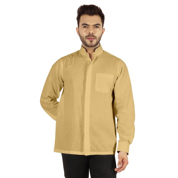 Bestman Solid Long Sleeve Shirt For Mens Front Double Button Placket Chinese Collar Shirt