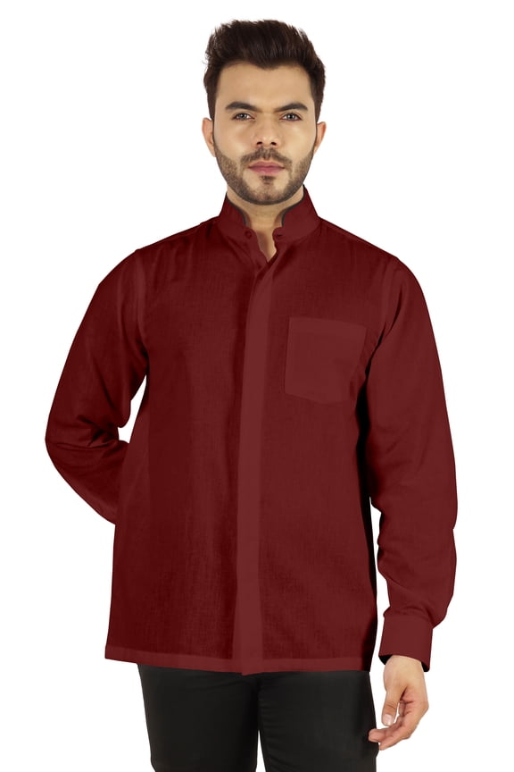 Solid Long Sleeve Shirt For Mens Front Double Button Placket Chinese Collar Shirt