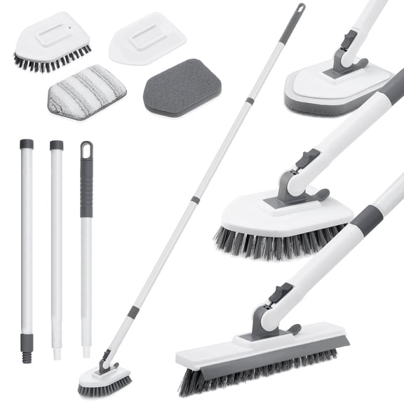 YEERSWAG Shower Cleaning Brush with 46" Extendable Long Handle, 4-in-1 Tub & Tile Scrubber, 180 Locking Swivel Head, Stiff Bristle Brush, 2 Scouring Pads & 1 Microfiber Pad for Bathroom Cleaning