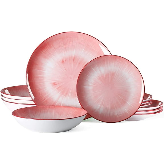 Bestone 12 Piece Dinnerware Set ,Chip Resistant, Dinnerware Sets, Plates, Dishes, Bowls, Service for 4, Pink And White