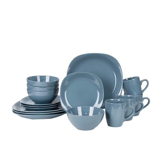 Bestone 16 Piece Round Kitchen Dinnerware Set,Plates and Bowls sets,Dishes, Plates, Bowls, Mugs, Dish Set,Plates and Bowls,Service for 4, Stoneware (Blue, square)
