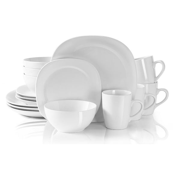 Bestone 16 Piece Round Kitchen Dinnerware Set,Plates and Bowls sets,Dishes, Plates, Bowls, Mugs, Dish Set,Plates and Bowls,Service for 4, Stoneware (white, square)